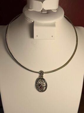 Silver-Tone Cable Necklace with Filigree Oval Pendant and Pink Stone